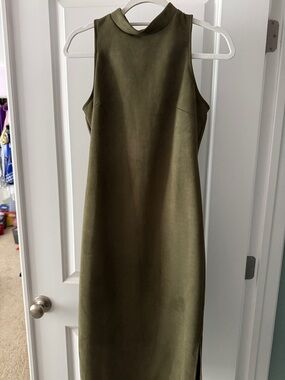 Olive Green Sleeveless Mock Neck Midi Dress